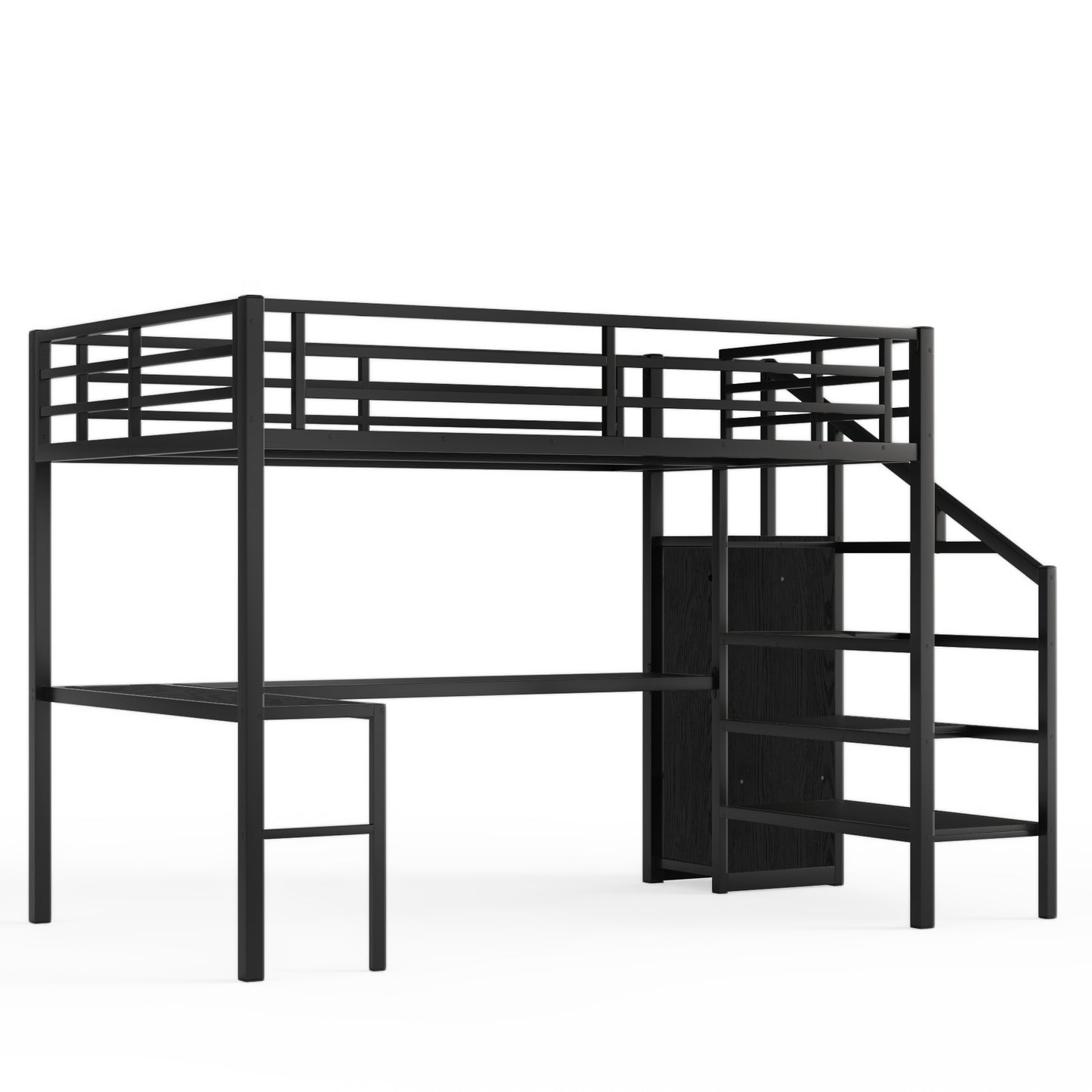 Full XL Size Loft Bed with L-shaped Desk and USB, Metal Loft Bed with Wardrobe and Adjustable Shelf, High Loft Bed with LED for Kids Teens Adults, Black image 10
