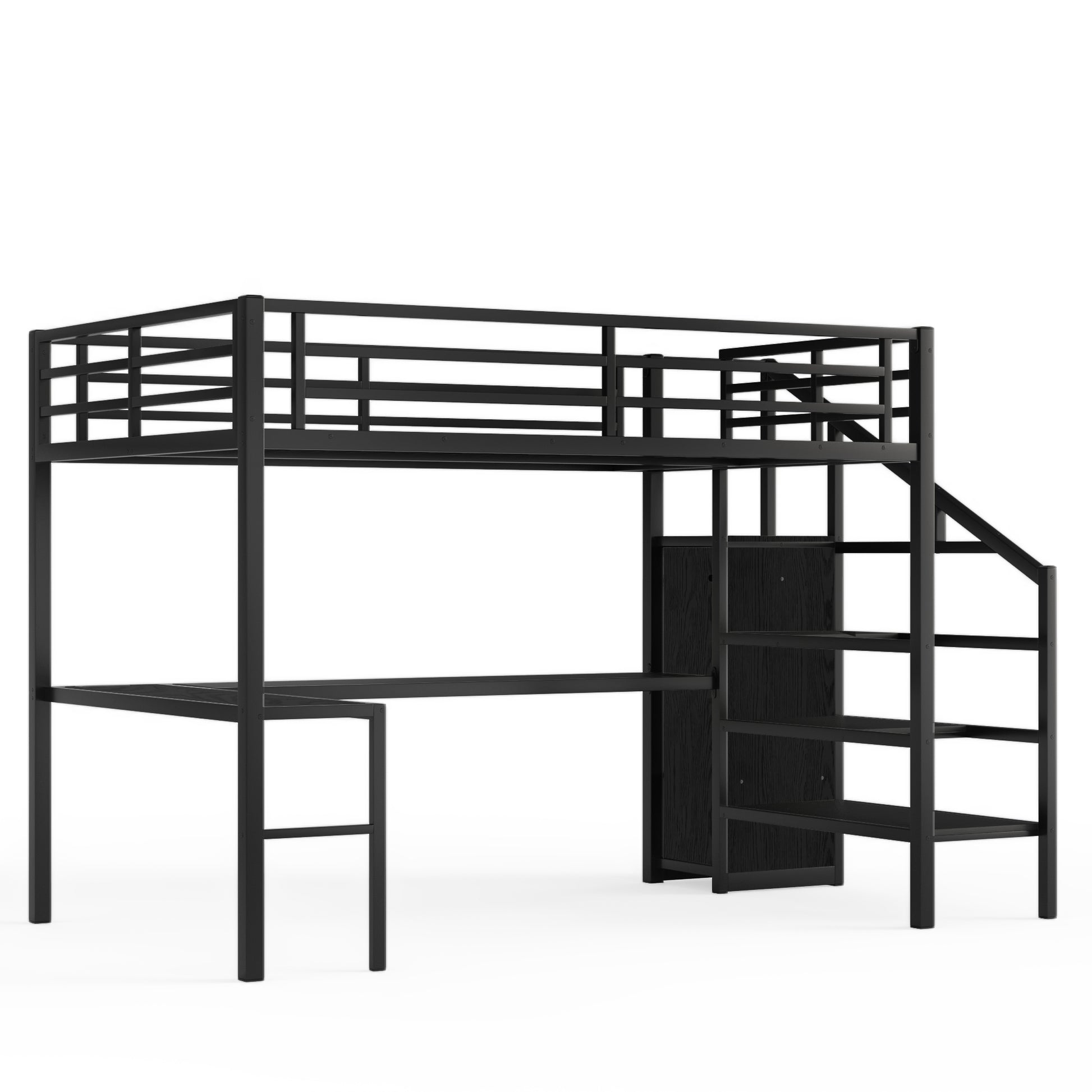 Full XL Size Loft Bed with L-shaped Desk and USB, Metal Loft Bed with Wardrobe and Adjustable Shelf, High Loft Bed with LED for Kids Teens Adults, Black image 10