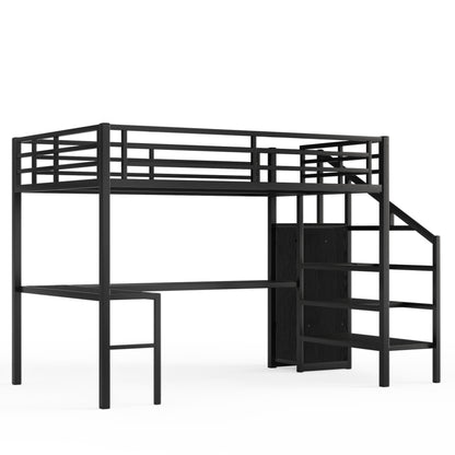 Full XL Size Loft Bed with L-shaped Desk and USB, Metal Loft Bed with Wardrobe and Adjustable Shelf, High Loft Bed with LED for Kids Teens Adults, Black image 10