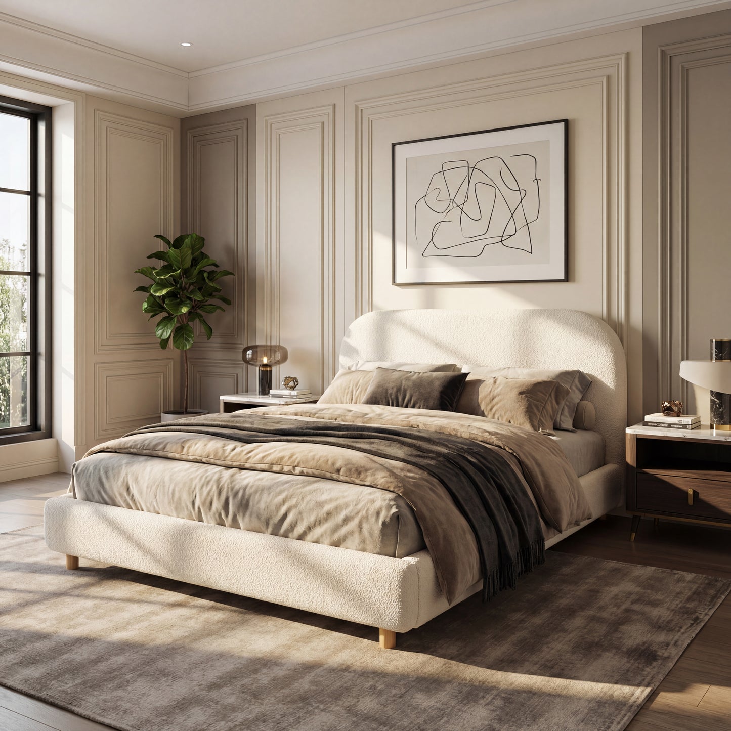 Queen Size Upholstered Bed With Boucle Fabric,Curved-Shape Design Thick Headboard, Solid Wood Legs,White image 3