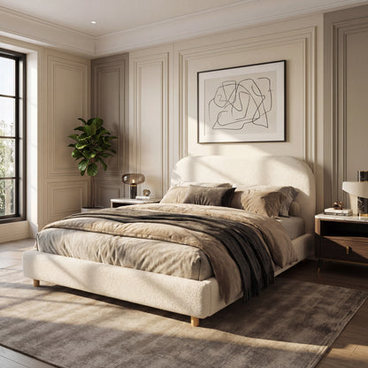 Queen Size Upholstered Bed With Boucle Fabric,Curved-Shape Design Thick Headboard, Solid Wood Legs,White image 3