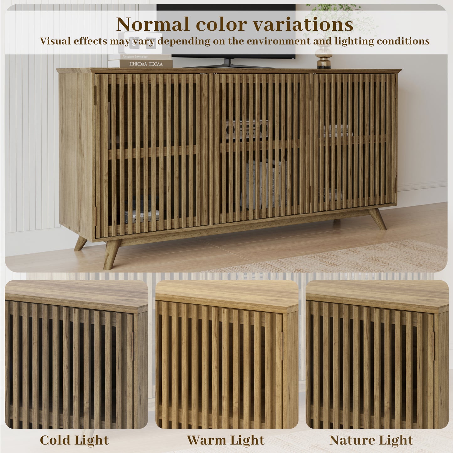 58.86" Solid Knot-Free Pine Wood TV Stand, Mid-Century Modern Storage Cabinet with No Handle Doors and Adjustable Shelf, Entertainment Center for Living Room, Bedroom, Kitchen, Natural image 7