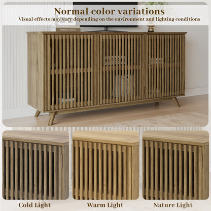 58.86" Solid Knot-Free Pine Wood TV Stand, Mid-Century Modern Storage Cabinet with No Handle Doors and Adjustable Shelf, Entertainment Center for Living Room, Bedroom, Kitchen, Natural image 7