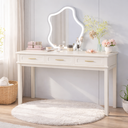 Cream White Vanity Desk with 3 Drawers, Modern Makeup Table or Writing Desk, Multipurpose Dressing Table for Bedroom, No Mirror Included image 1