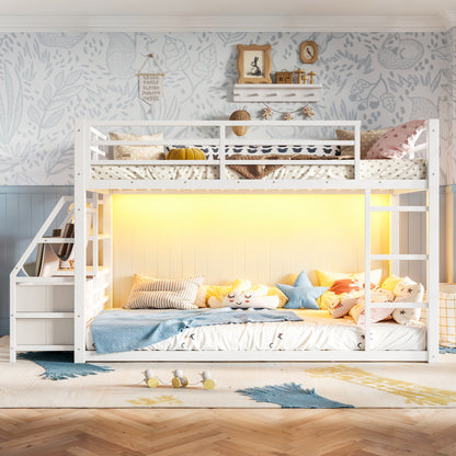 Twin over Twin bunk Bed with Storage Shelves and Drawers, Metal Bunk Bed with LED Lights for Teens, No Box Spring Need.White image 4