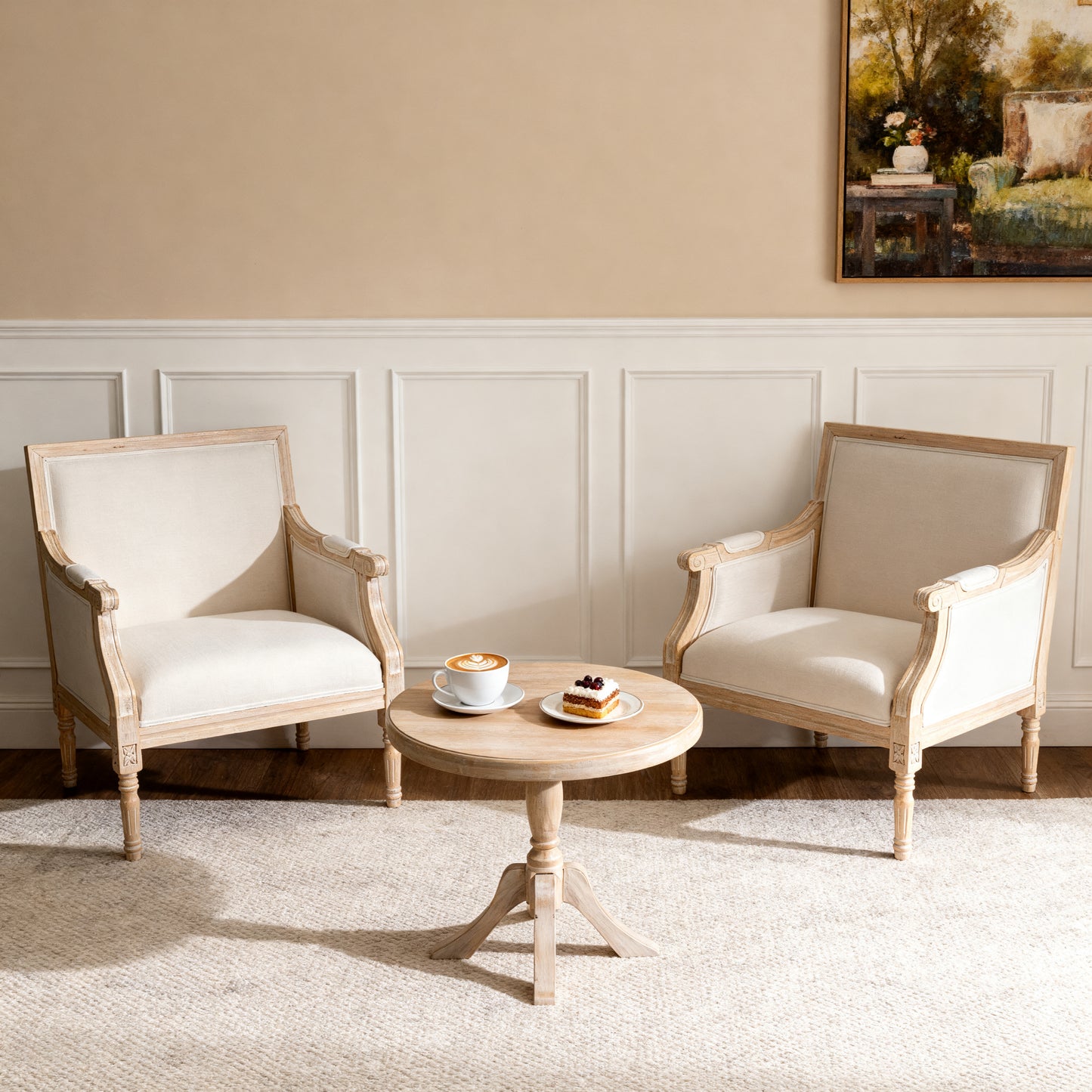 French Accent Chair Traditional Wood Frame Linen Upholstery Distressed Finish Home Decor, Single image 4