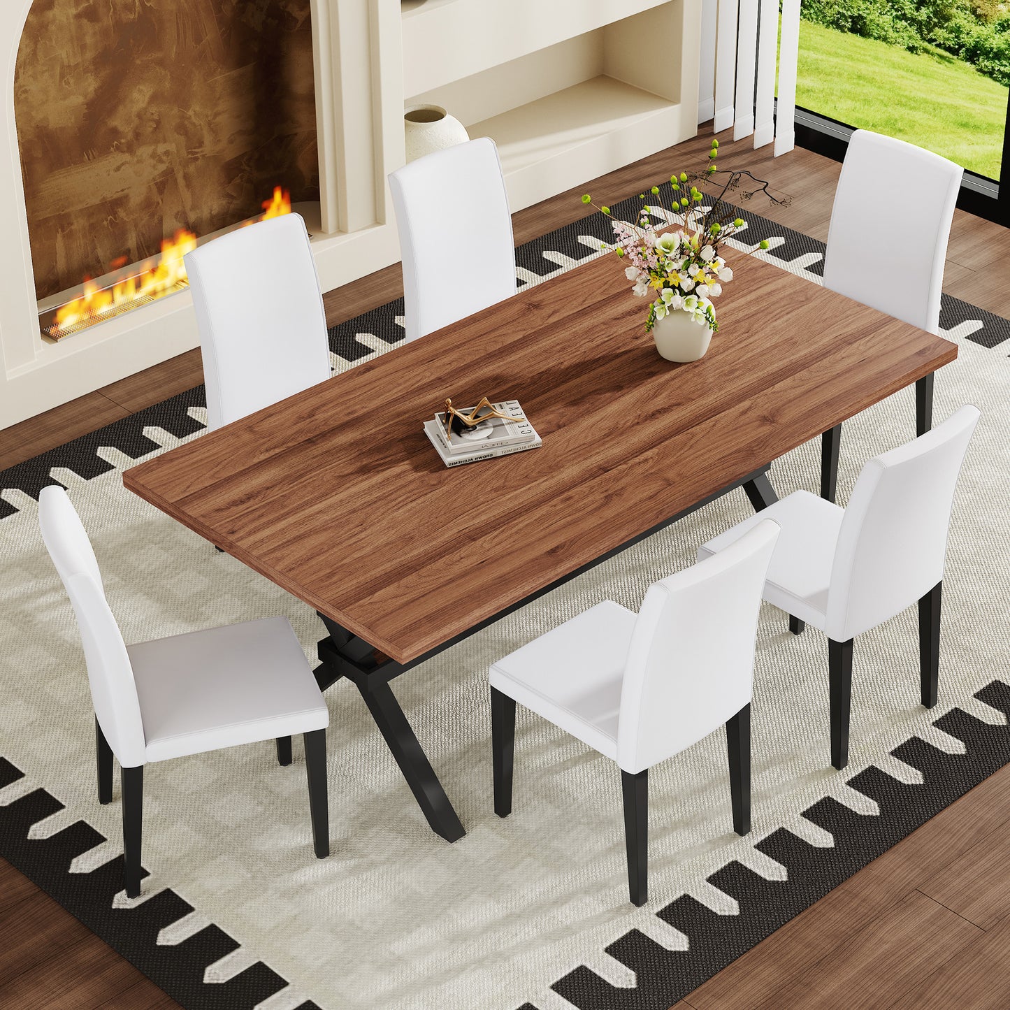 Table and chair set. 71 * 35.4 inch walnut MDF splicing desktop with X-shaped metal frame dining table.Includes 6 white PU dining chairs With Black Metal Legs.Making it an ideal choice for home. image 2