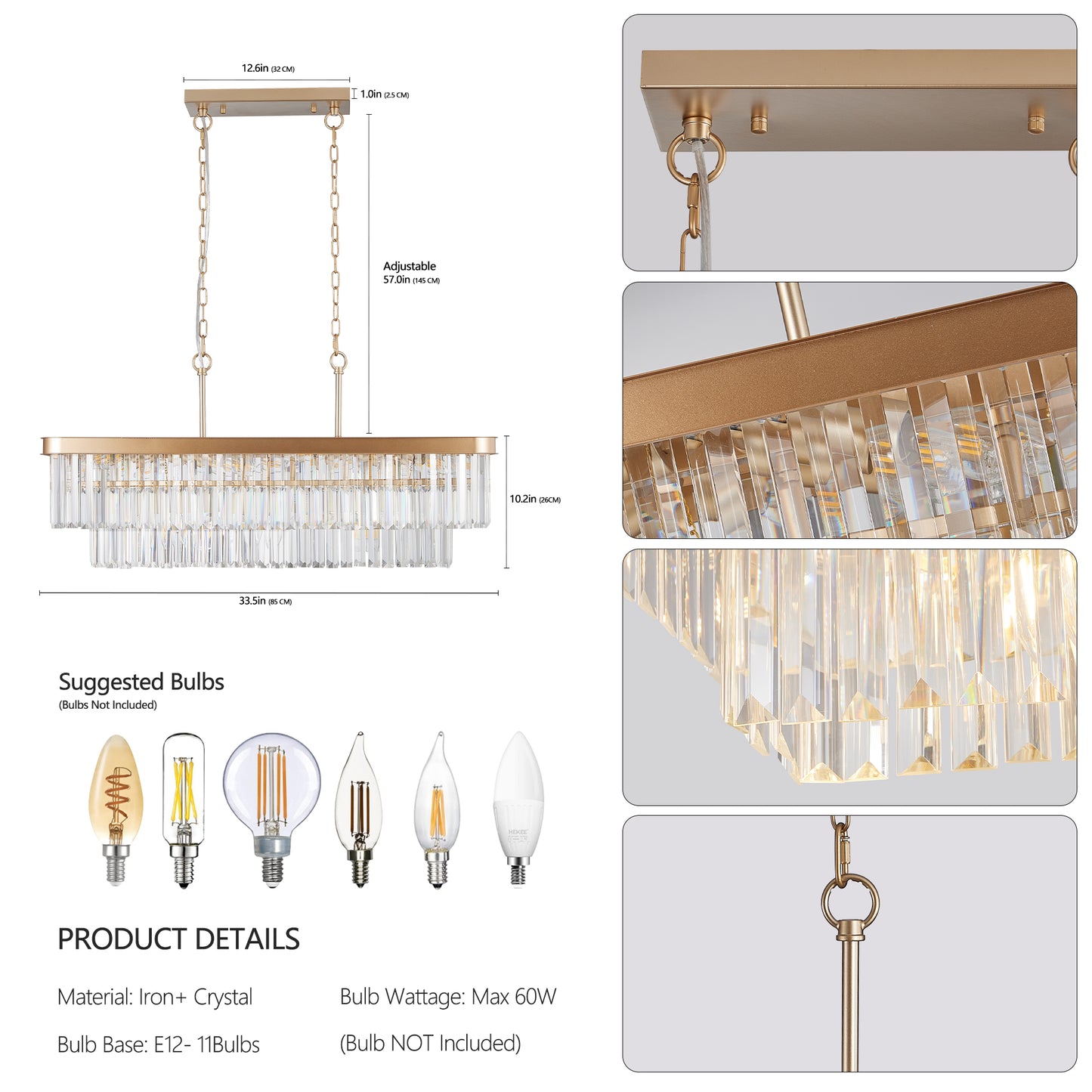 Chandeliers,Rectangular Crystal Chandelier Adjustable,E12 Modern Industrial Crystal Lights,Farmhouse Iron Ceiling Hanging Light for Kitchen Living Room Bedroom/Gold(Bulb Not Included) image 8