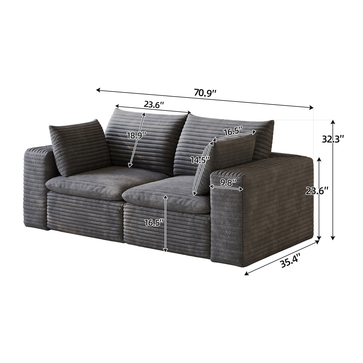 71" Cloud Sofa,Corduroy Fabric,Deep Seat Couches,Double-layer design,Removable Cushion,No Assembly, DIY Combination for Living room, Bedroom,Conference room,Apartment,Dark Grey image 8