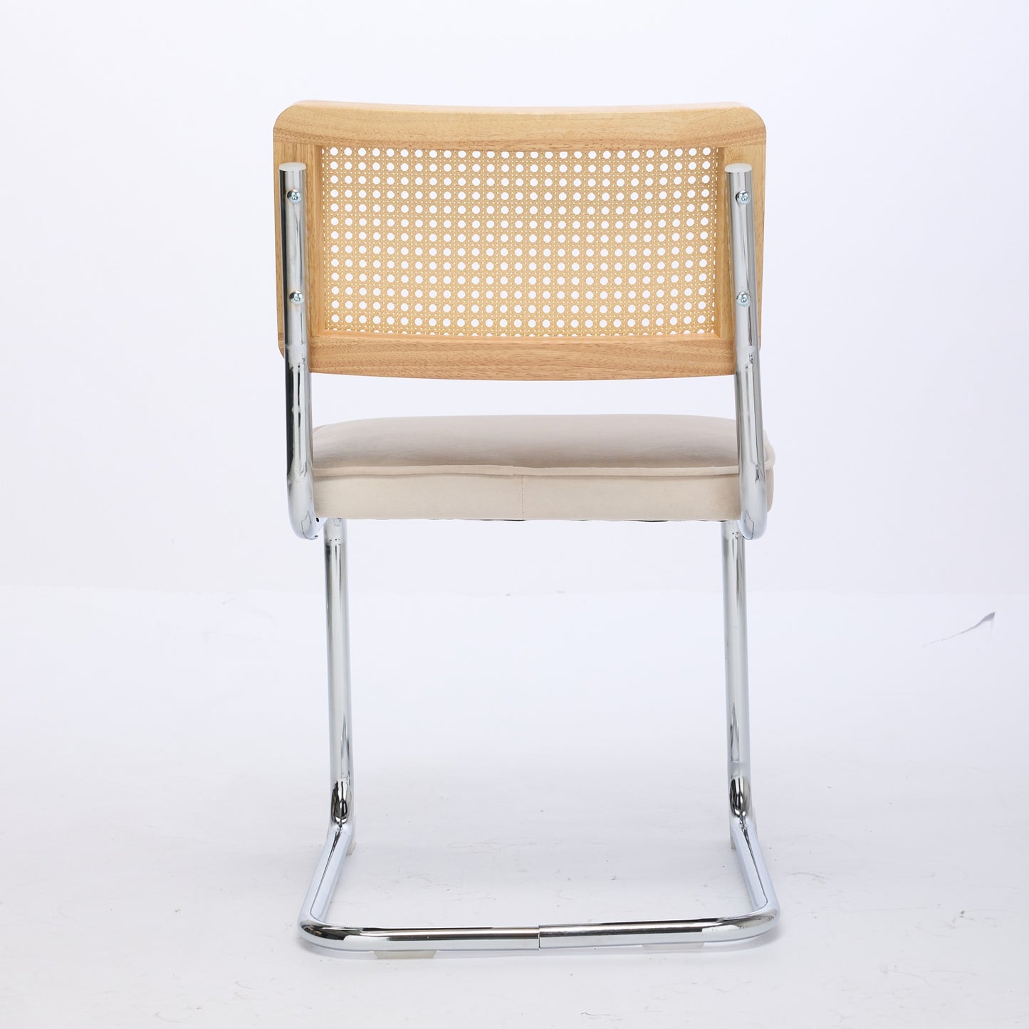 Mid Century Modern Dining Chairs Set of 2, Velvet Accent Chairs with Natural Cane Back & Stainless Chrome Base, Famous Breuer Designed Chairs, Upholstered Rattan Kitchen Chairs,Beige image 6