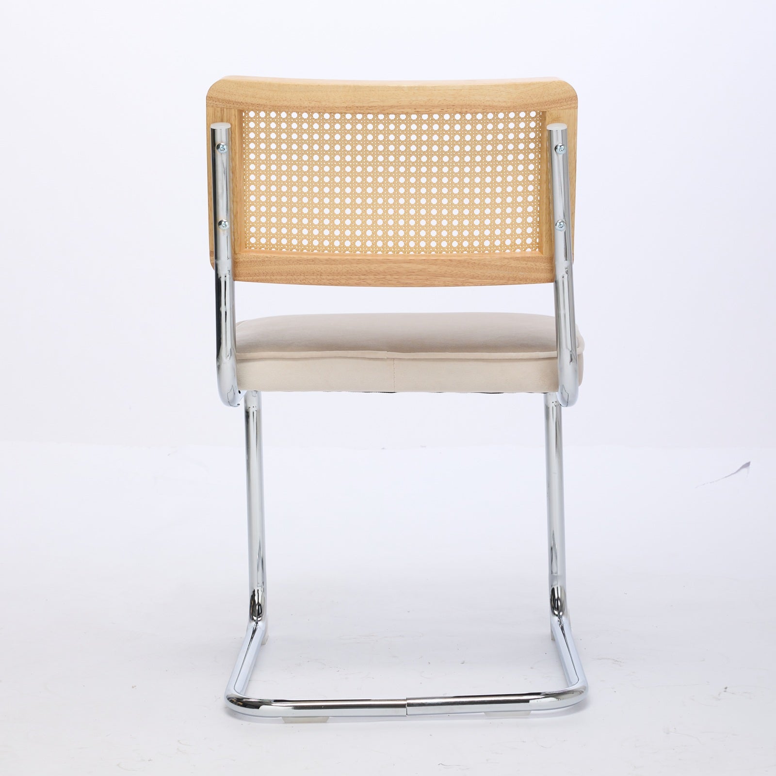 Mid Century Modern Dining Chairs Set of 2, Velvet Accent Chairs with Natural Cane Back & Stainless Chrome Base, Famous Breuer Designed Chairs, Upholstered Rattan Kitchen Chairs,Beige image 6