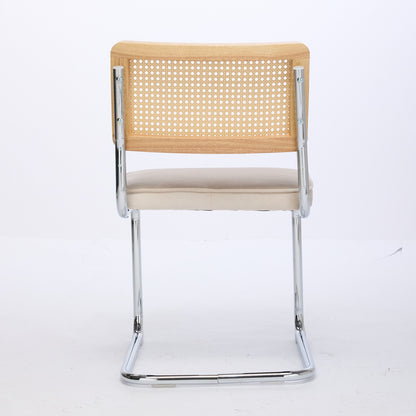 Mid Century Modern Dining Chairs Set of 2, Velvet Accent Chairs with Natural Cane Back & Stainless Chrome Base, Famous Breuer Designed Chairs, Upholstered Rattan Kitchen Chairs,Beige image 6
