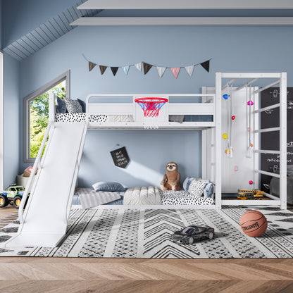 Twin size metal loft/bunk bed with basketball hoop, pull-up rings, climbing wall, and built-in bookshelves. Playful children's design featuring a slide,White image 1