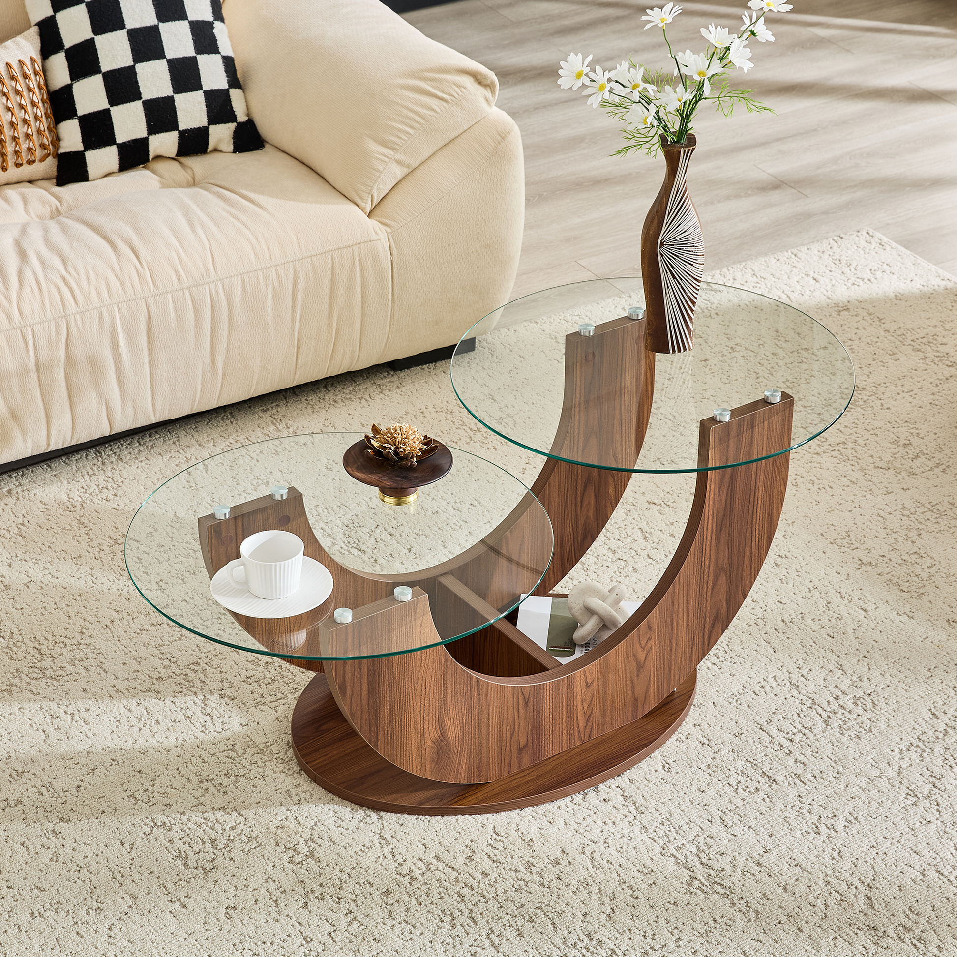 Creative U-Shaped Double-Tier Glass Coffee Table with Walnut MDF Base - angled view highlighting the U-shaped base design