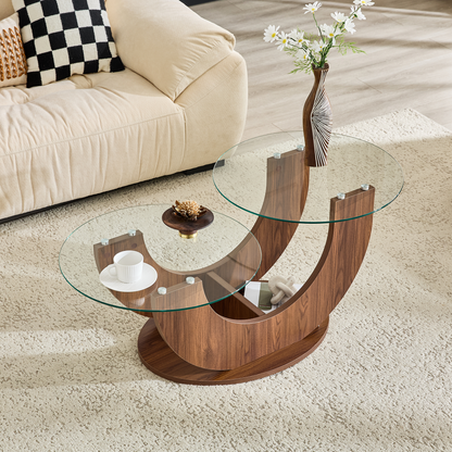 Creative U-Shaped Double-Tier Glass Coffee Table with Walnut MDF Base - angled view highlighting the U-shaped base design