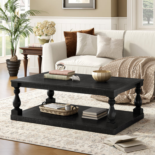 U_STYLE Vintage Coffee Table Featuring Artistic Vase Column Legs and Luxurious Pine Veneer for Timeless Charm,Suitable for living room, study room image 1
