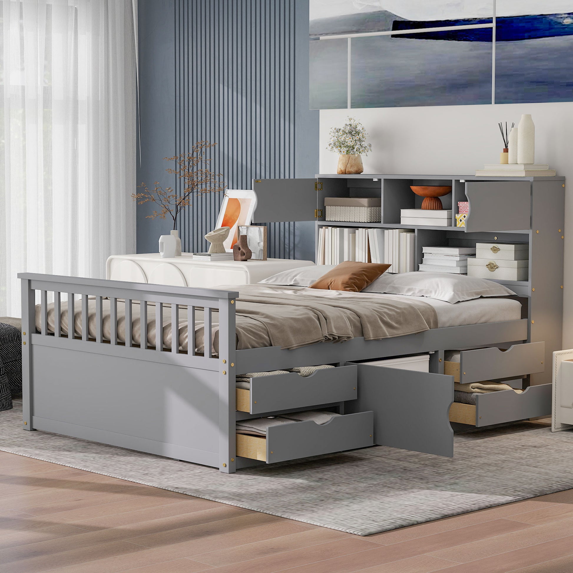 Full Size Captain Platform Bed Frame with Storage Bookcases and Shelves,Four Drawers,Gray image 2