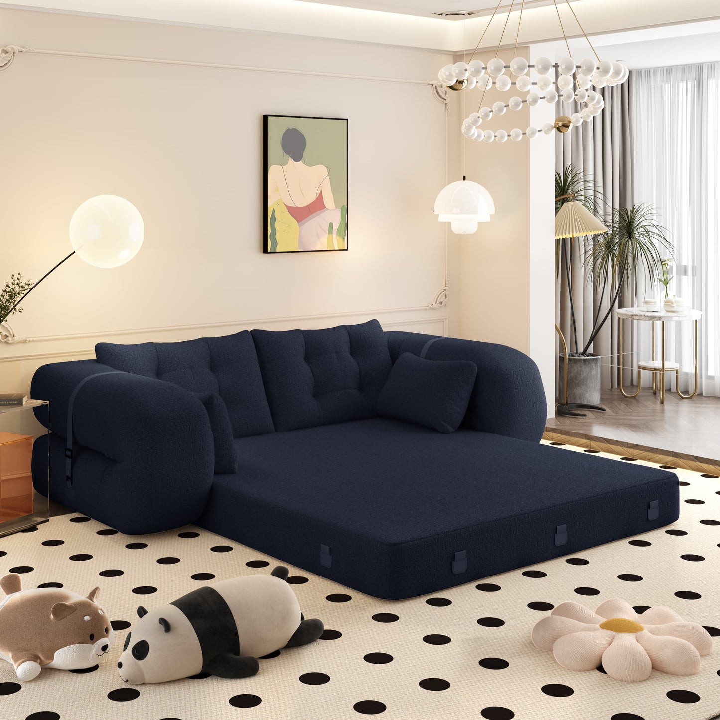 Human Dog Bed, Lazy Sofa Couch, 78.7" Multi-Functional Foldable Sofa Bed, 3-in-1 Sherpa Fleece Fabric Foam-Filled Sleeper Sofa Bed for Living Room,Guest Bed,Playroom,Dark blue image 5