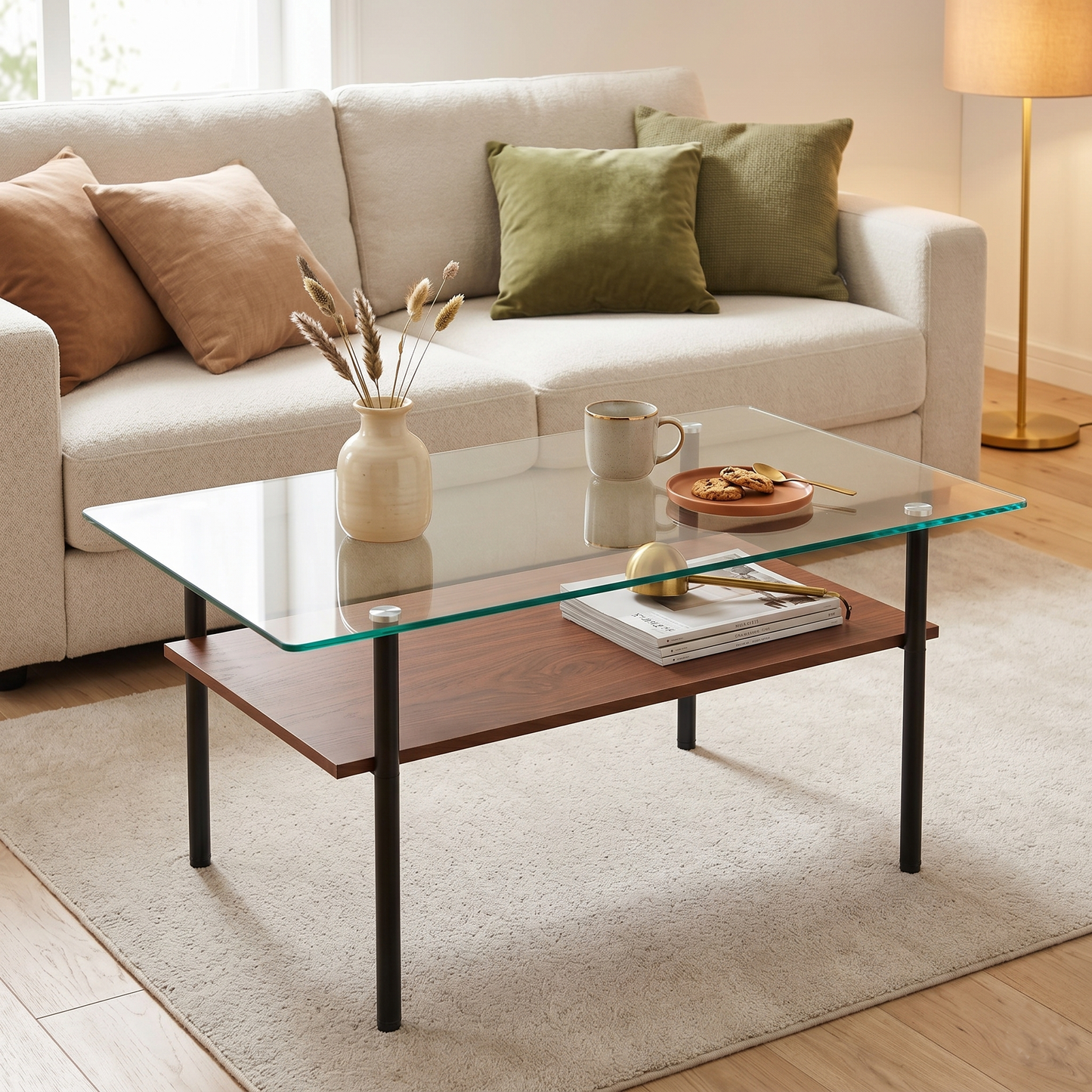 Modern glass coffee table for living room, rectangular tempered glass top, black metal legs with wooden shelf. Easy to clean, stylish center table 38.6 × 22.8 × 17.7 inches image 2