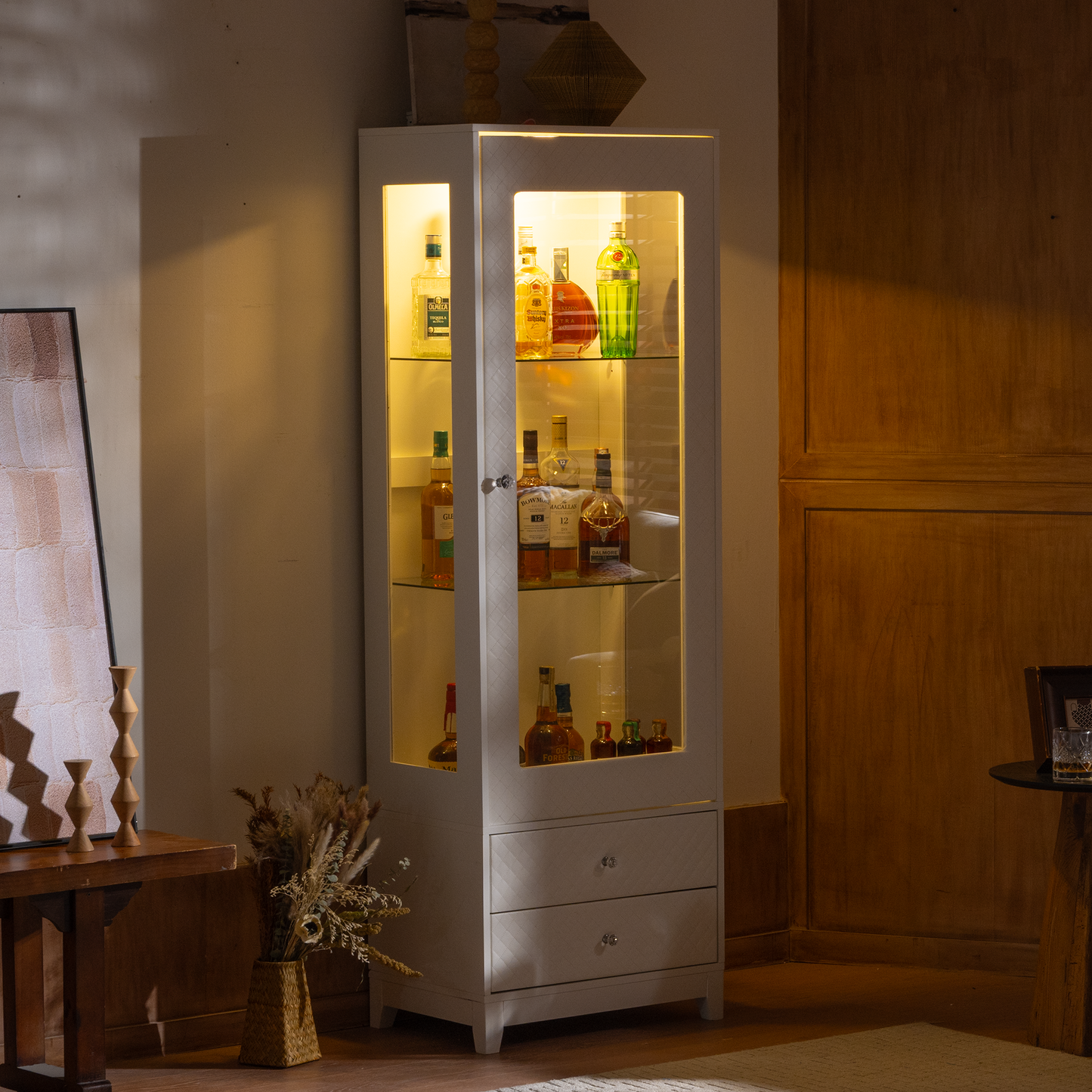 71'' Freestanding Upholstered Display Cabinet, Upholstered Glass Door Cabinet with Ceiling Light,Wine Cabinet with Adjustable Shelves, for Livingroom, Kitchen, Bar & Dining Room - White image 10
