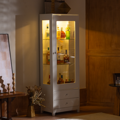 71'' Freestanding Upholstered Display Cabinet, Upholstered Glass Door Cabinet with Ceiling Light,Wine Cabinet with Adjustable Shelves, for Livingroom, Kitchen, Bar & Dining Room - White image 10
