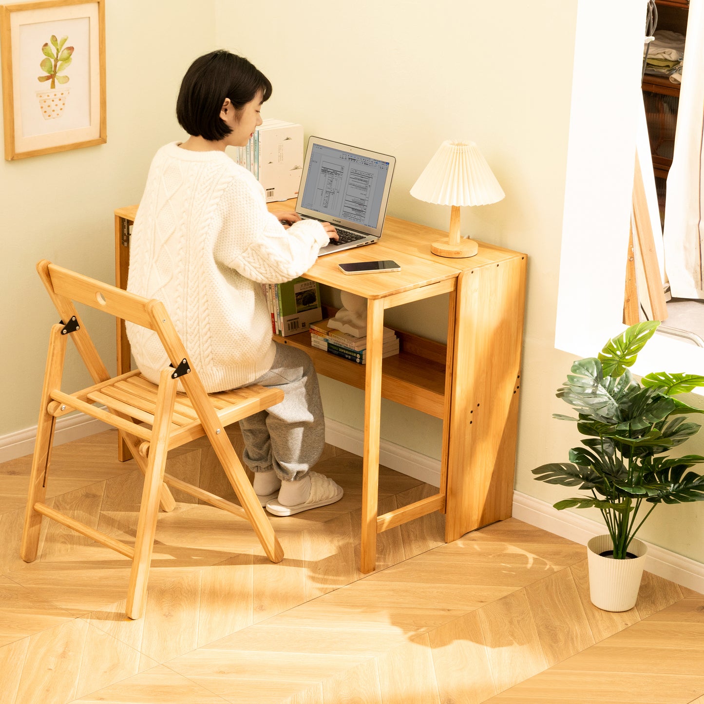Bamboo Folding Desk, Space-Saving Computer Desk for Small Spaces, Foldable Study Table for Bedroom, Home Office, Dorm, Apartment, Natural Color image 11