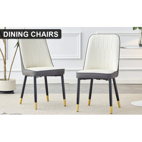 A modern dining chair with a white dark gray dual tone PU leather backrest and black metal legs, suitable for kitchens, bedrooms, and offices. A set of 2 pieces (white+dark gray+PU)C-007 image 9