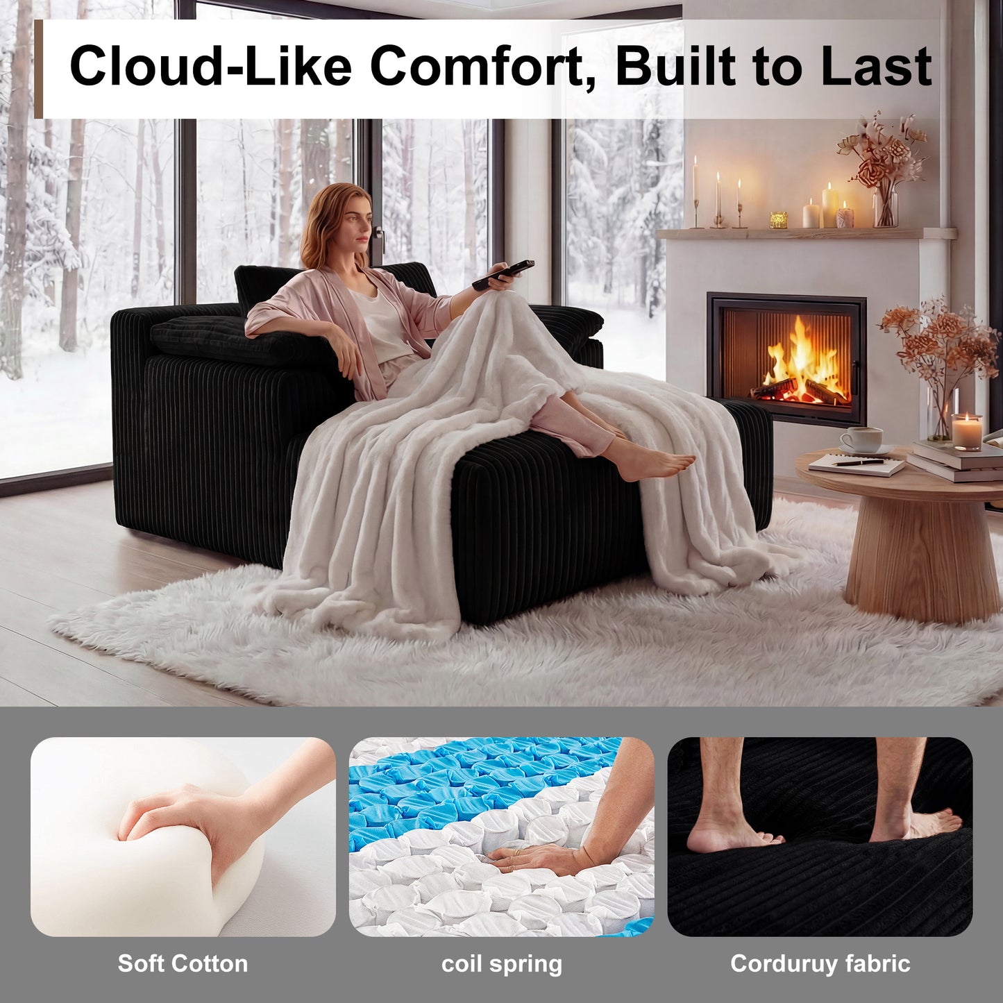60 Inch Chaise Lounge Chair Indoor, Oversized Corduroy Upholstered Boneless Sofa Bed, Deep Seat Sleeper Couch Reading Chairs, Cloud Sofas Couches for Living Room, No Assembly Required (BLACK image 2
