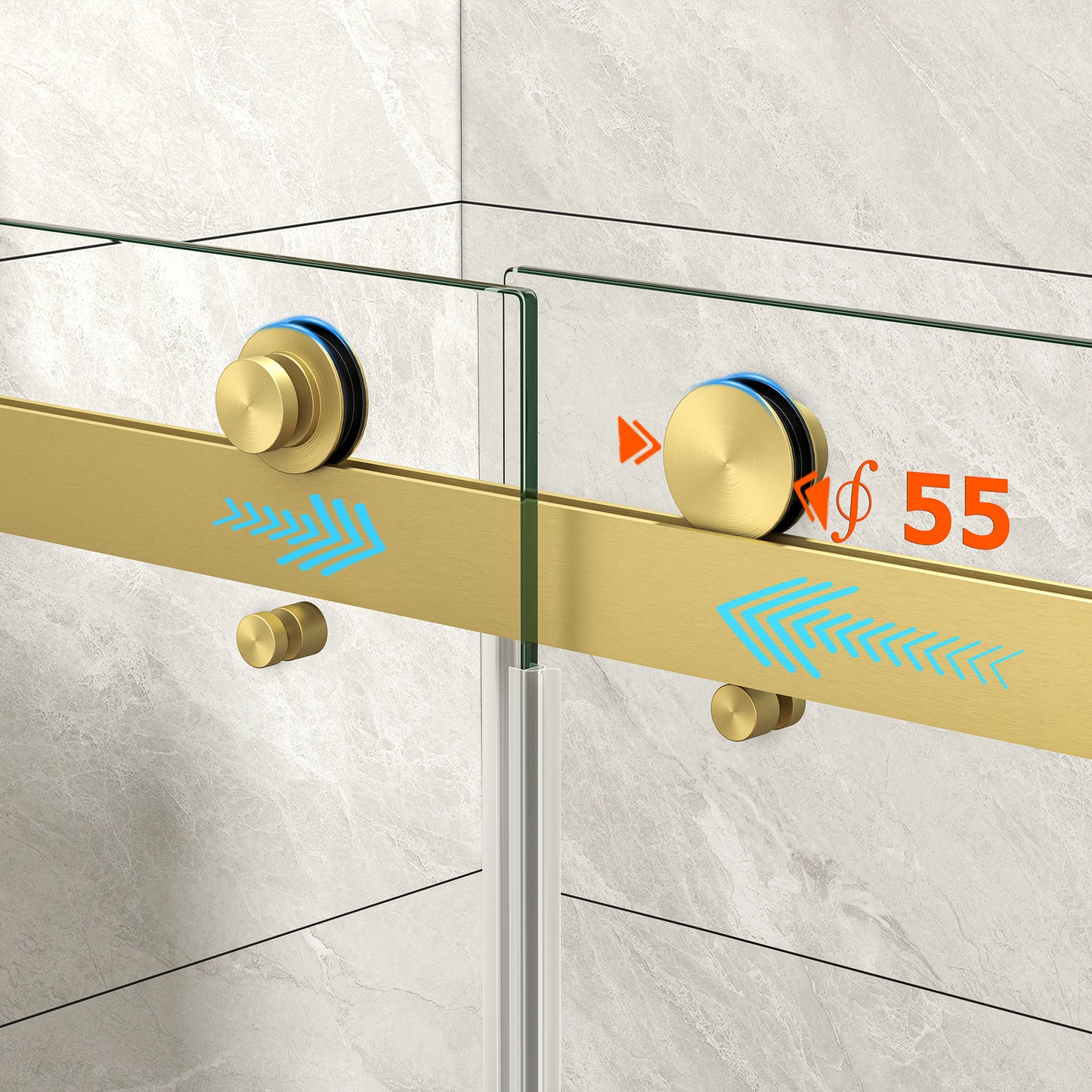 55"-60" W x 76" H Brushed Gold Reversible Installation Double Bypass Sliding Shower Door Easy Installation Frameless Shower Door,5/16"(8MM) Tempered Glass With Nano Explosion-proof Film image 9