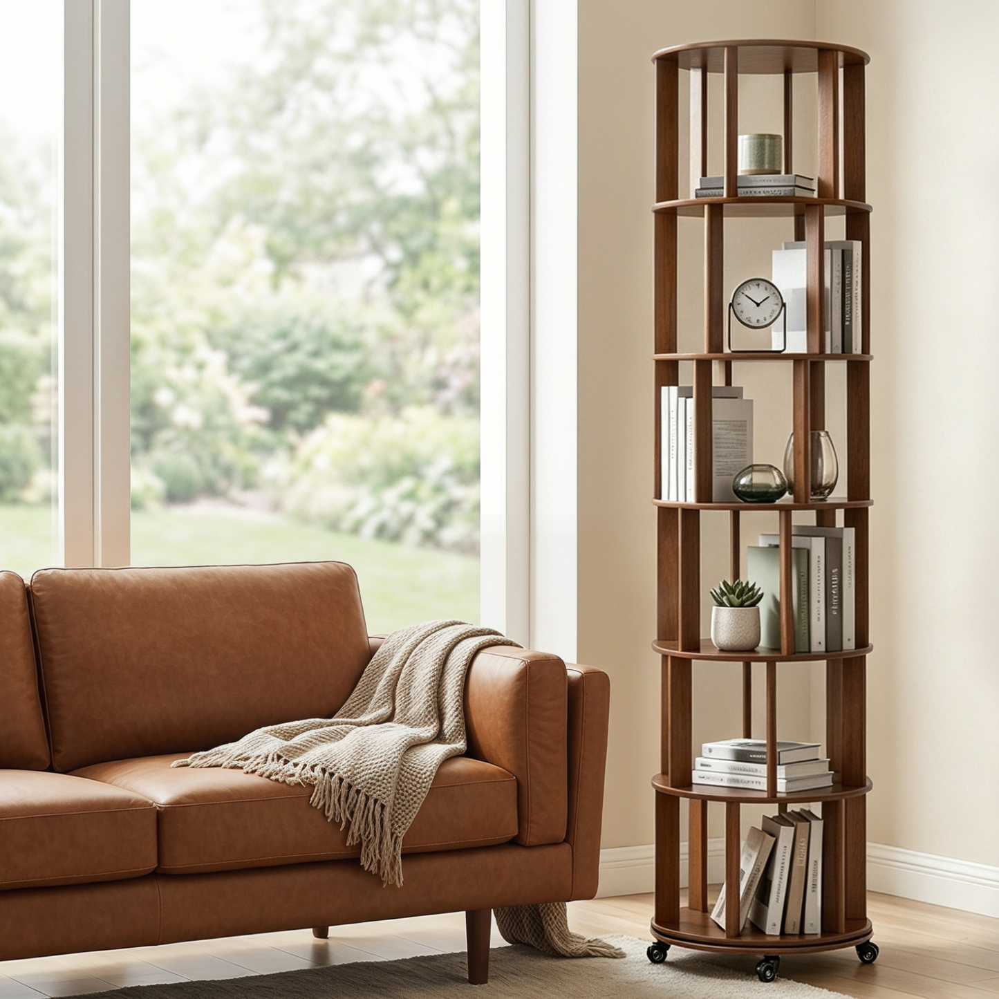 6 Tier Rotating Bookshelf, Solid Wood Rotating Bookshelf Tower with Wheels, 360° Display Round Spinning Bookshelf for Small Spaces, Corner, Bedroom, Living Room, Home, Office, Walnut image 2
