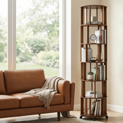 6 Tier Rotating Bookshelf, Solid Wood Rotating Bookshelf Tower with Wheels, 360° Display Round Spinning Bookshelf for Small Spaces, Corner, Bedroom, Living Room, Home, Office, Walnut image 2