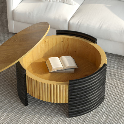 31.50" Modern Colorblocked Striped Coffee Table with Flip Top Storage Coffee Table - Natural Wood Finish for Living Room, Apartment, Office, Easy to Assemble, Wooden Color Tabletop + Dark Brown image 3