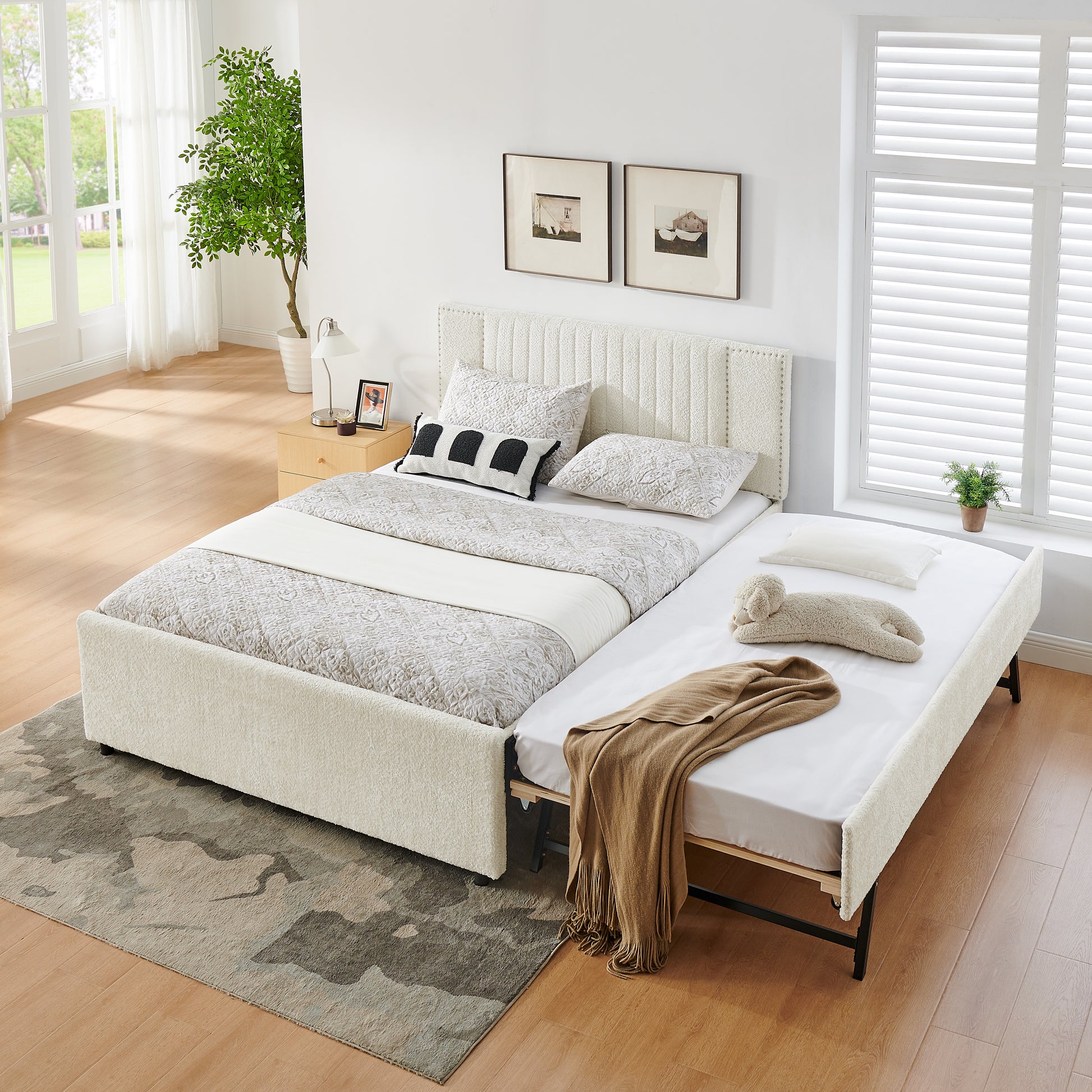 Queen Size Vertical Channel Tufted Headboard & Nailhead Trim Space Saving Upholstered Bed, Multi-functional Design with 2 Storage Drawers and Pull-out Trundle Bed, Chenille image 3