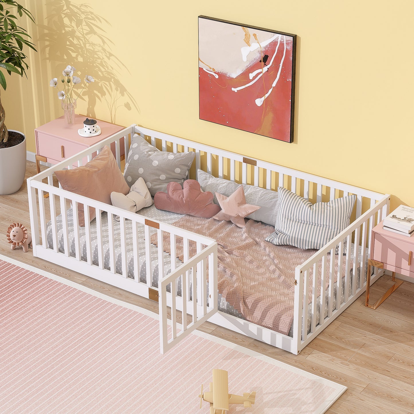 Twin Size Floor Bed with High Fence Railings, with Door, Rubber Wood Floor Bed with Safety Guardrails,White (Old Sku W504P287652) image 1