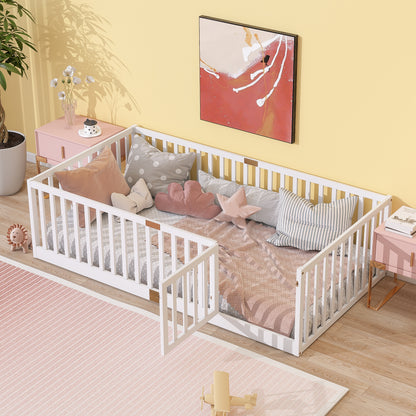 Twin Size Floor Bed with High Fence Railings, with Door, Rubber Wood Floor Bed with Safety Guardrails,White (Old Sku W504P287652) image 1