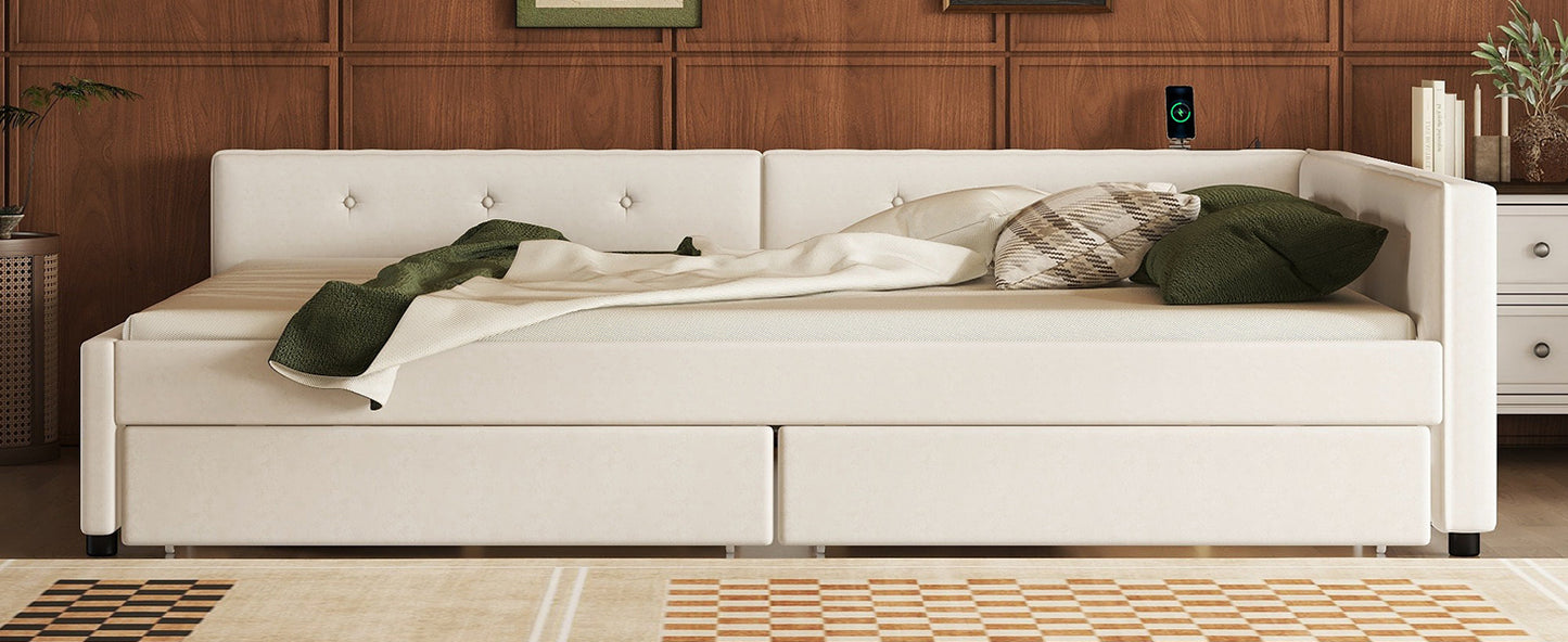 Queen Size Upholstered Platform Bed with USB and 2 Drawers, Beige image 5