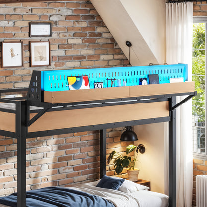 Twin XL over Twin XL Size Metal Bunk Bed with Storage Shelves and Pegboard, Bunk Bed Frame with USB Ports and LED Lights, Space-Saving, for Teens and Adults, Natural image 6