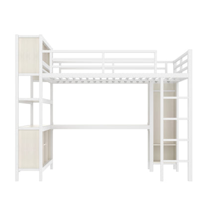 Metal Loft Bed with Wardrobe And L-shaped Desk, Queen Size Loft Bed with Storage Cubes and Shelves, Heavy Duty Loft Bed for Kids Teens Adults, White Wood-grain image 4