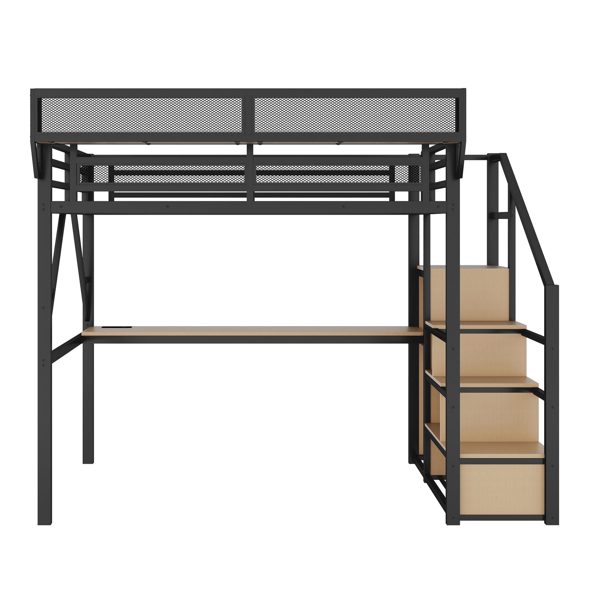 Full Loft Bed with Desk and Charging Station, Full Size Metal Loft Bed with Stairs and Light for Kids Teens, Black, Patent Products image 9