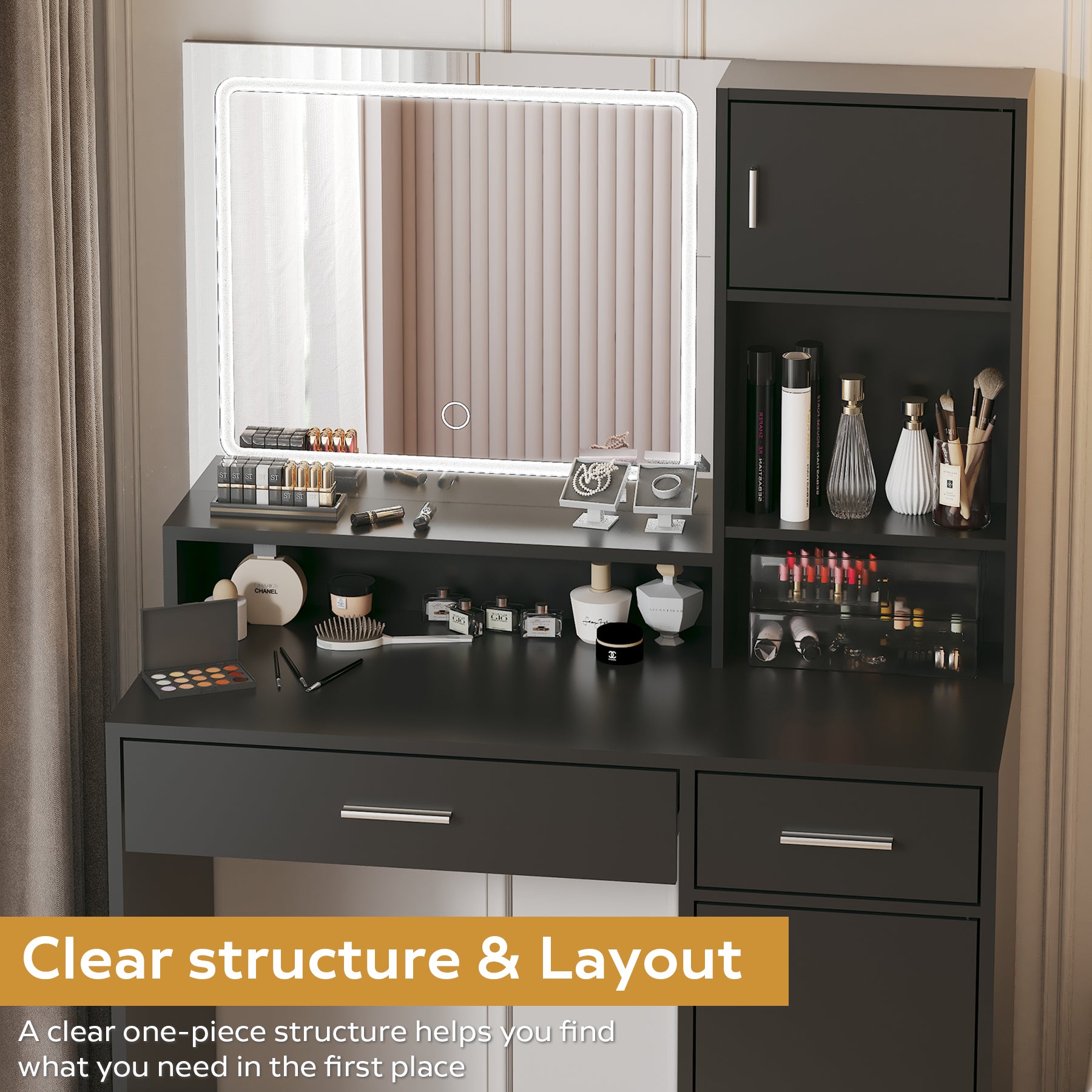 Vanity Desk with Mirror and LED Light Strip,Dressing Table with Large Drawer, 3 Level Storage Dresser & 3 Lighting Modes Adjustable Brightness, Suitable for Bedroom(Black) image 3
