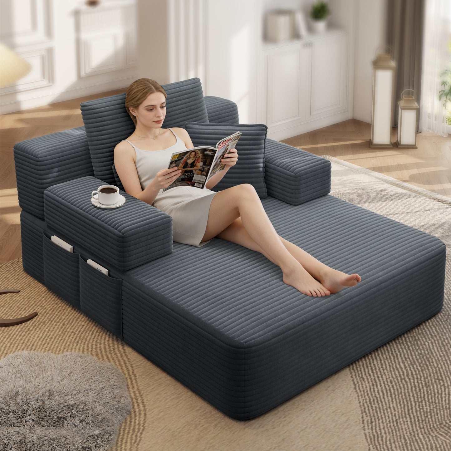 Luxurious Plush Corduroy Chaise Lounge with 3 Pillows, Convertible Sofa Bed with Storage Pocket, Frameless Design & Compression Foam for Small Spaces, Living Room, Apartment,Dark Gray image 12