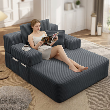 Luxurious Plush Corduroy Chaise Lounge with 3 Pillows, Convertible Sofa Bed with Storage Pocket, Frameless Design & Compression Foam for Small Spaces, Living Room, Apartment,Dark Gray image 12