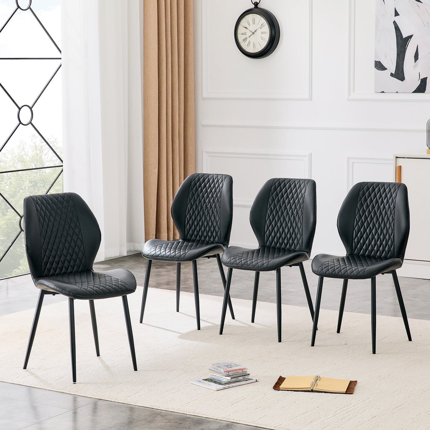 Set of 4 modern light luxury black diamond-quilted PU chairs with black metal legs. Suitable as upholstered dining chairs with backrests for home dining rooms, adaptable to a wide range of scenarios. image 1