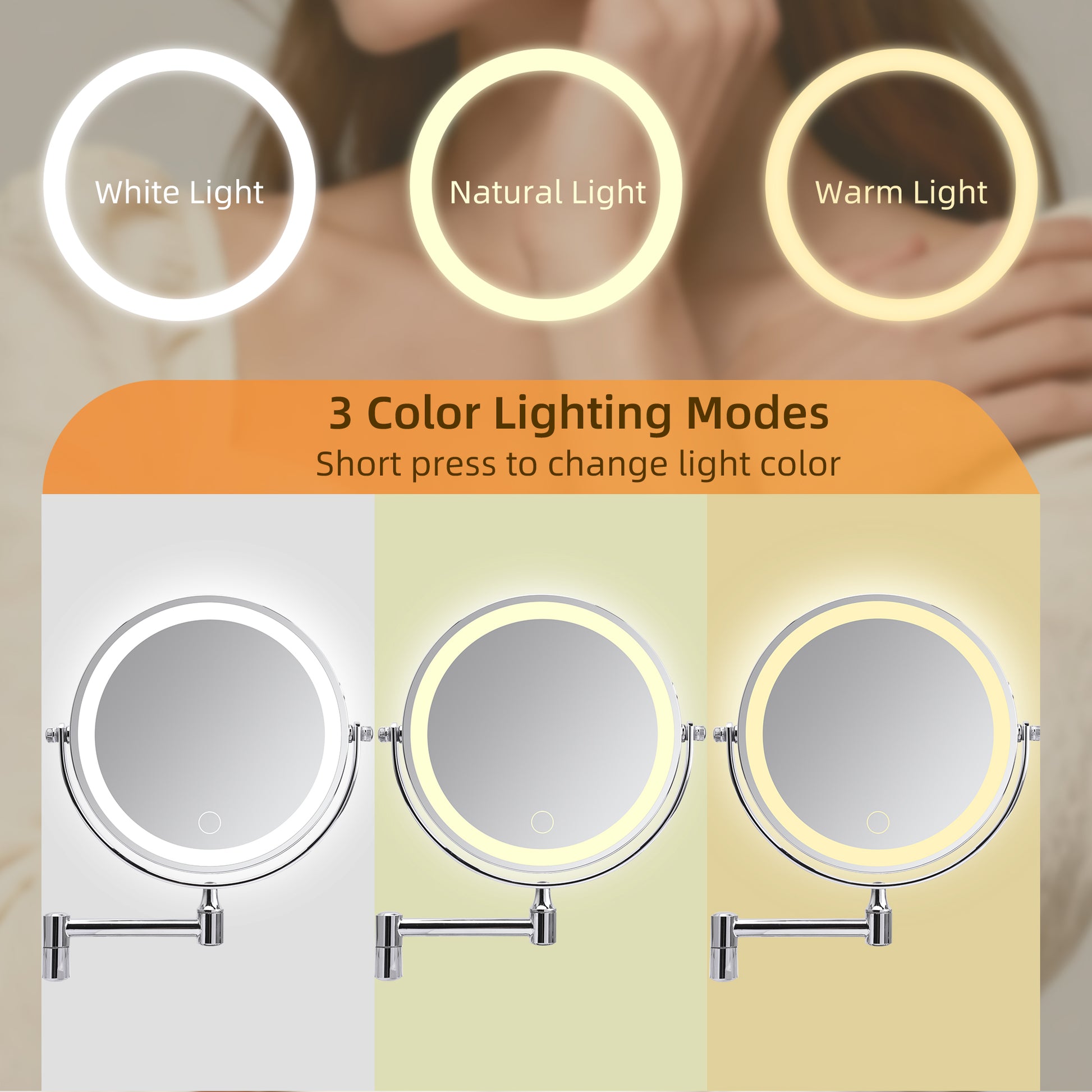 Rechargeable Wall Mounted Makeup Mirror 8'' Magnifying Mirror with Lights Double-Sided 1X/10 360° Rotation Extension Bathroom Shaving Mirror with Foldable Arm image 3
