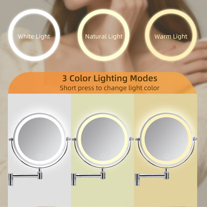 Rechargeable Wall Mounted Makeup Mirror 8'' Magnifying Mirror with Lights Double-Sided 1X/10 360° Rotation Extension Bathroom Shaving Mirror with Foldable Arm image 3
