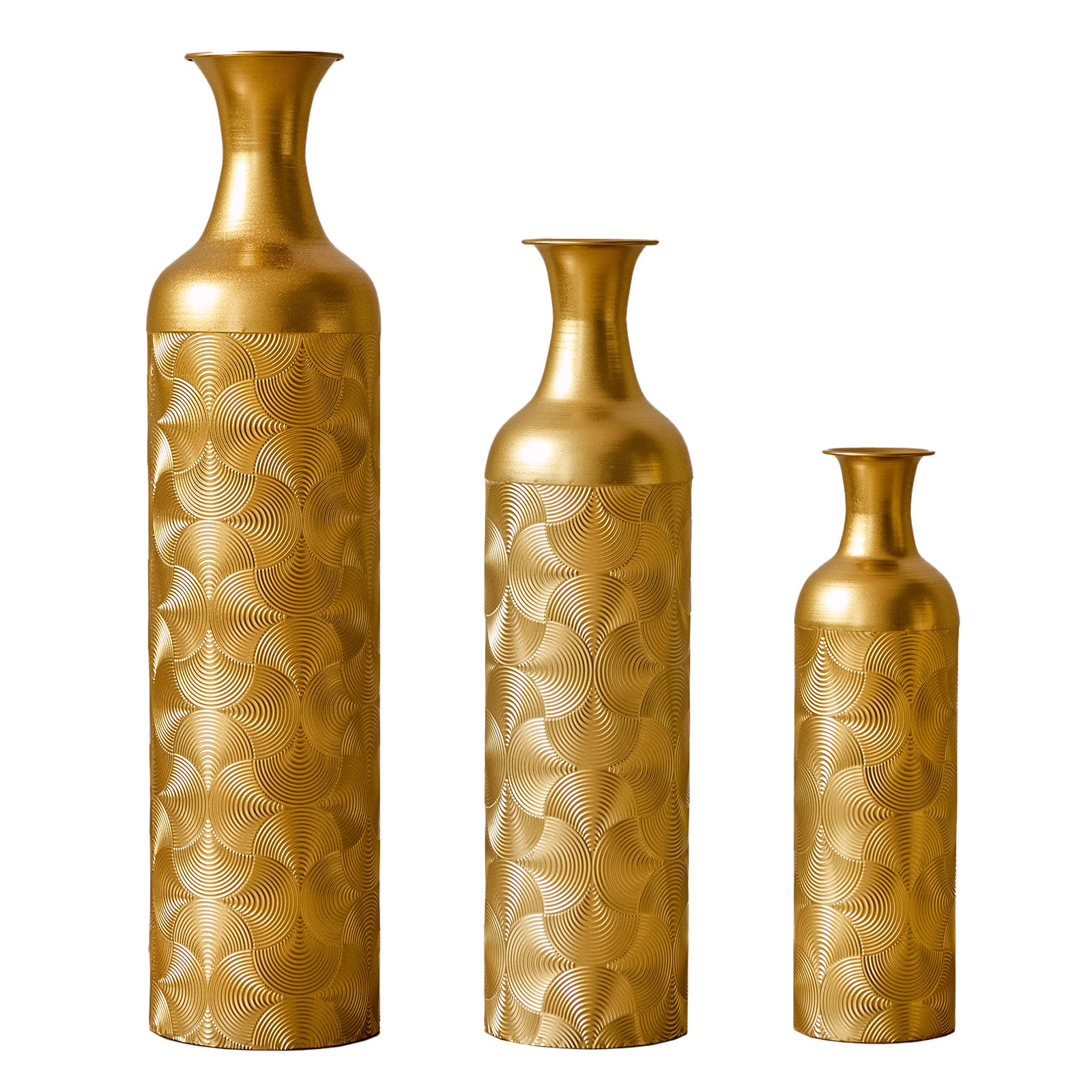 3 Pack Gold Metal Vase Set, Tall Embossed Nested Vases, Semi-Handcrafted Decorative Centerpieces for Home, Living Room, Floor, Fireplace, Not Waterproof image 1