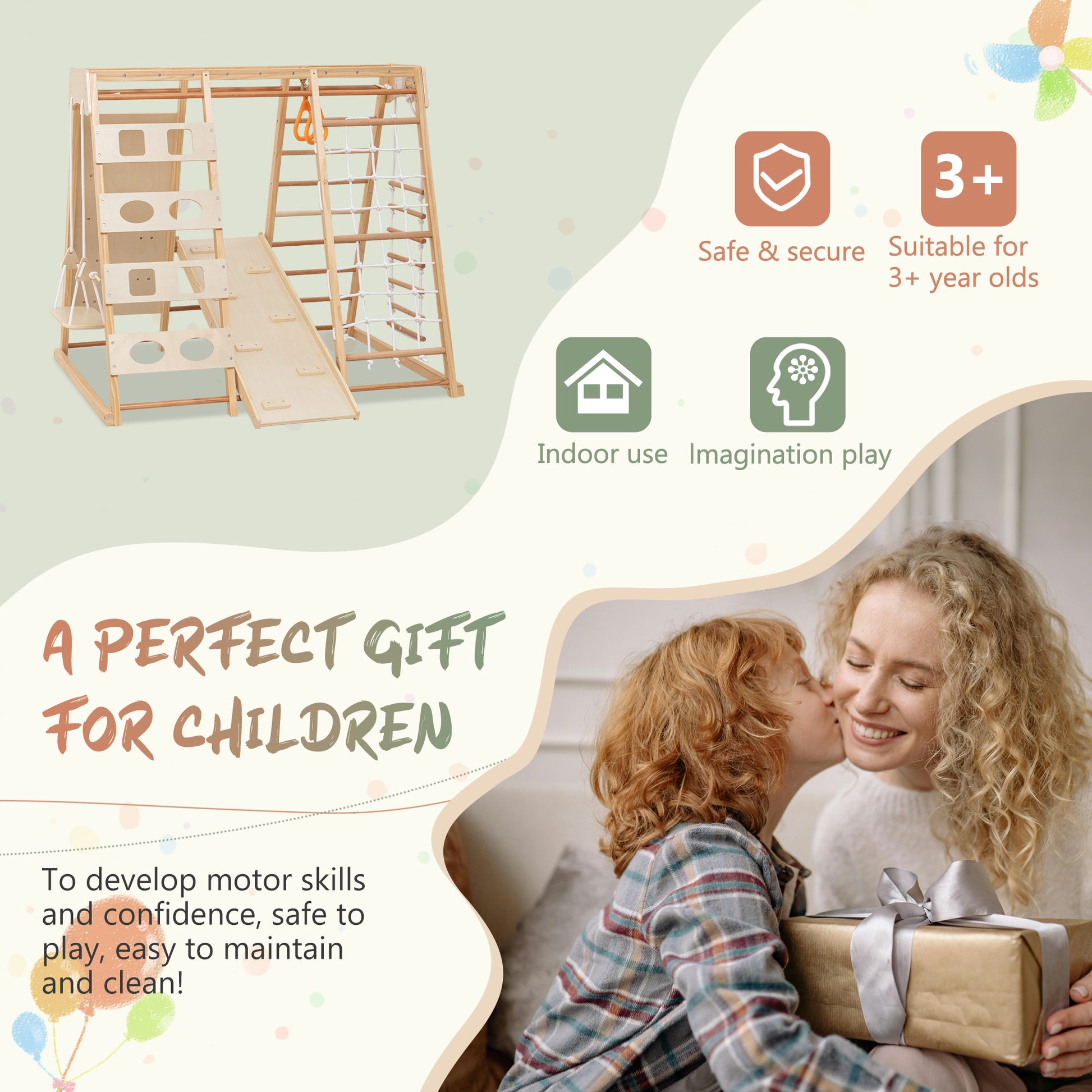 9-in-1 Slide and Climbing Wall for Toddlers 3+, Wooden Indoor Play Structure, Heavy Duty 176 lbs Capacity, Safe Rounded Edge Natural Wood, Balance & Strength Toy Gift image 3