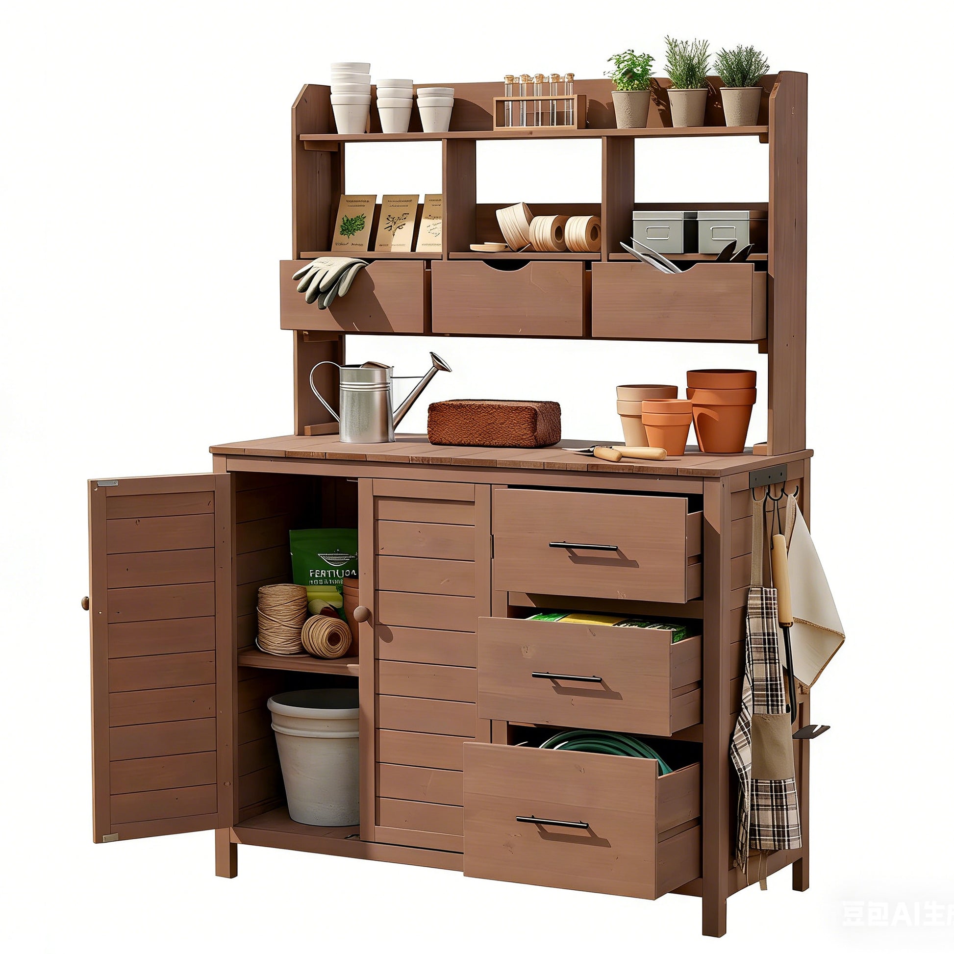 (With Assembly Video) TOPMAX Farmhouse Patio Potting Bench, 44.6''x19.5'' Large Freestanding Garden Workstation with 6 Drawers, Bottom Cabinet and Side Hook, Outdoor Kitchen Island, Brown image 8