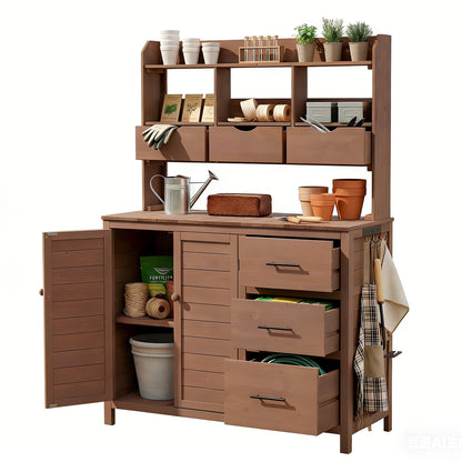 (With Assembly Video) TOPMAX Farmhouse Patio Potting Bench, 44.6''x19.5'' Large Freestanding Garden Workstation with 6 Drawers, Bottom Cabinet and Side Hook, Outdoor Kitchen Island, Brown image 8