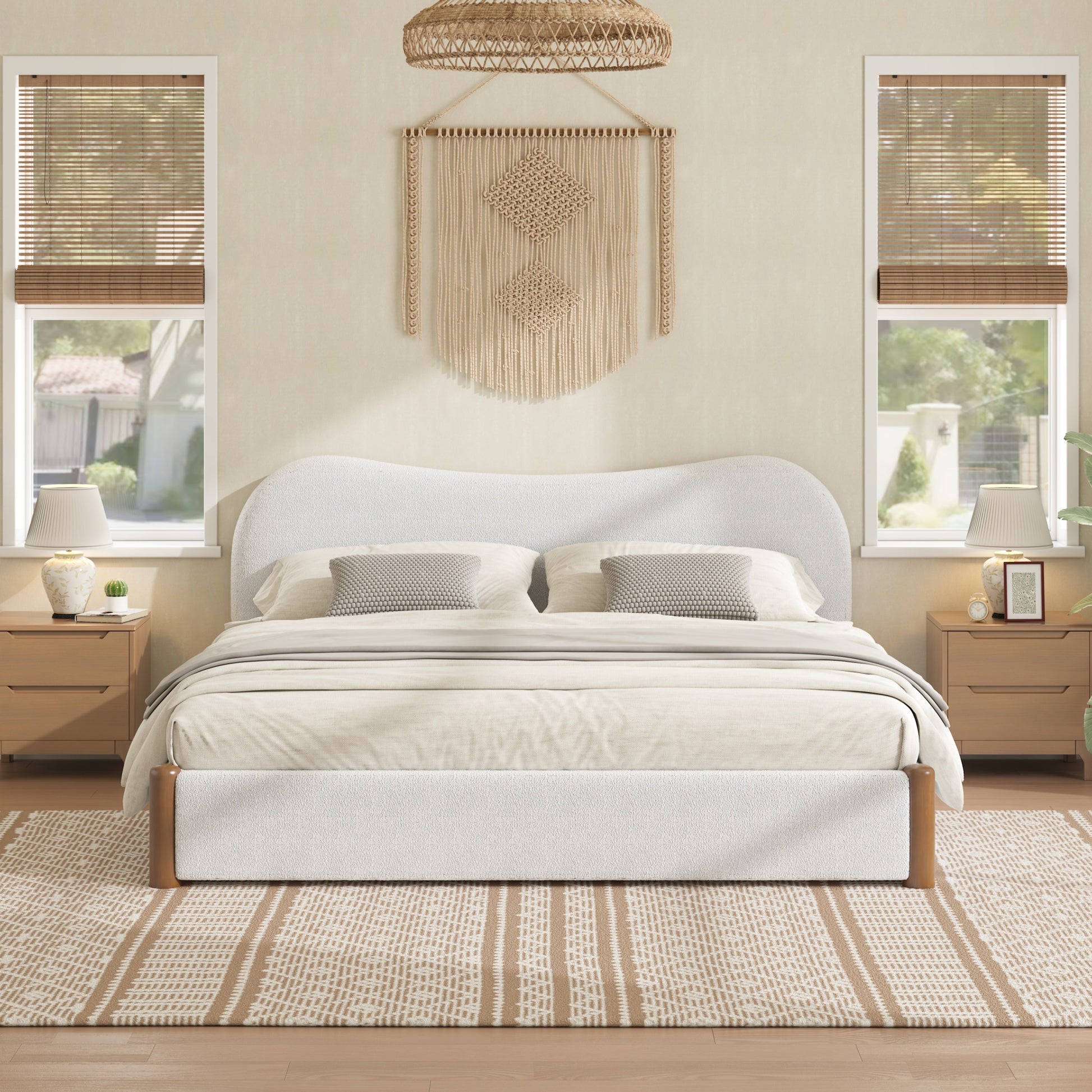 Queen Size Upholstered Platform Bed with Wood Supporting Feet, White image 1